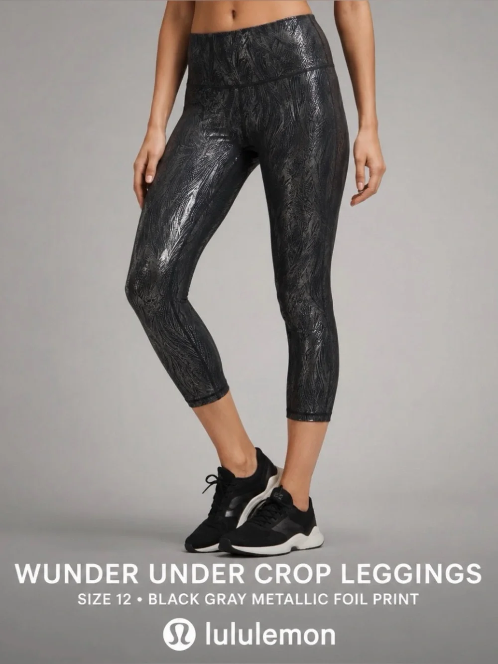 Lululemon Wunder Under Crop Leggings 12 Black Gray Metallic Foil Print Yoga Gym